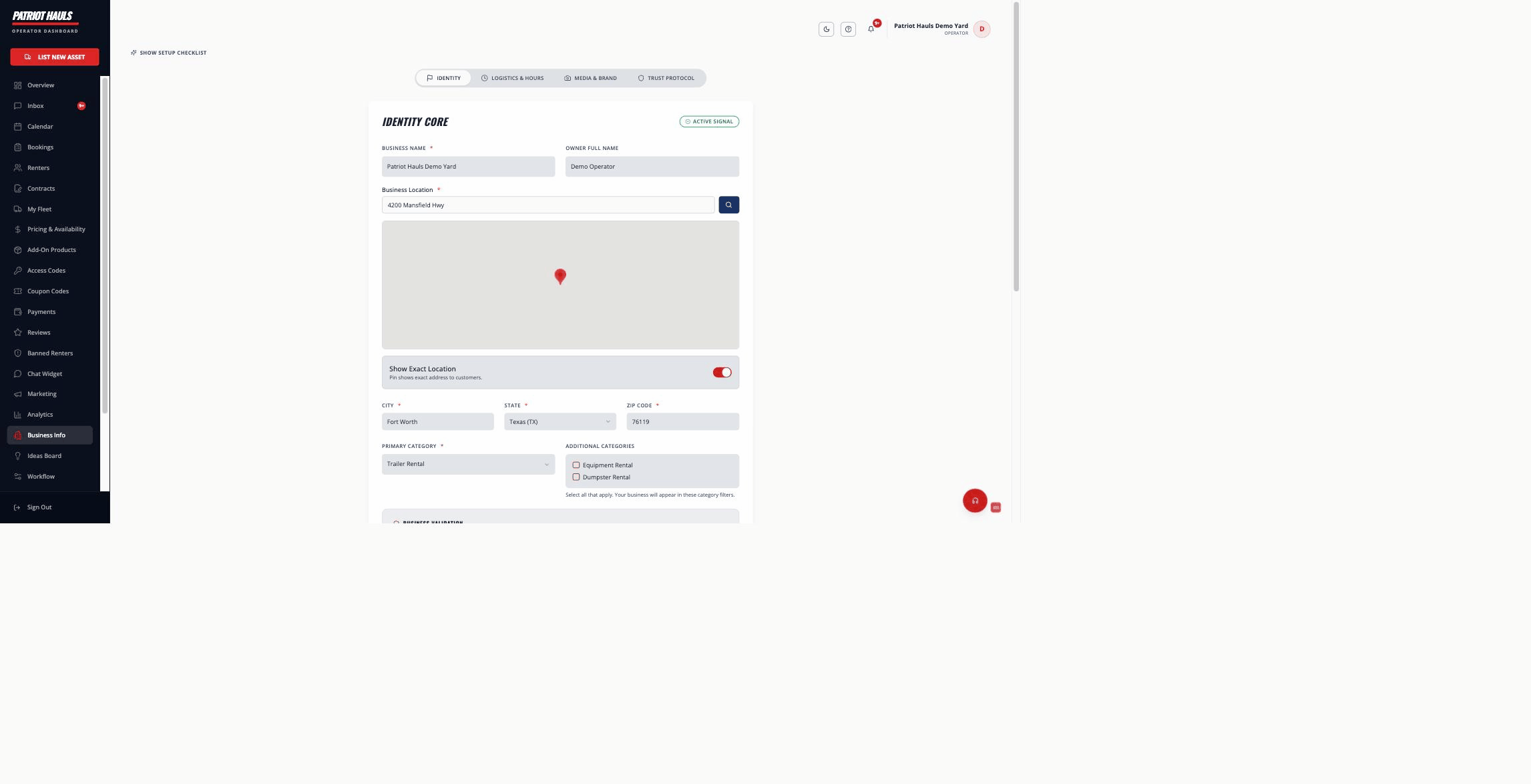 The Business Profile Identity tab — business name, owner, location map, and category fields