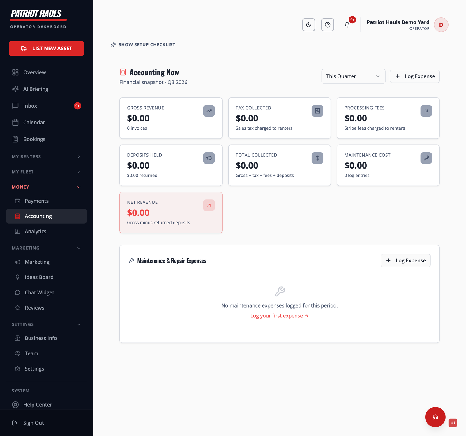 The Accounting Now page showing gross revenue, tax, processing fees, deposits, maintenance, and net revenue cards