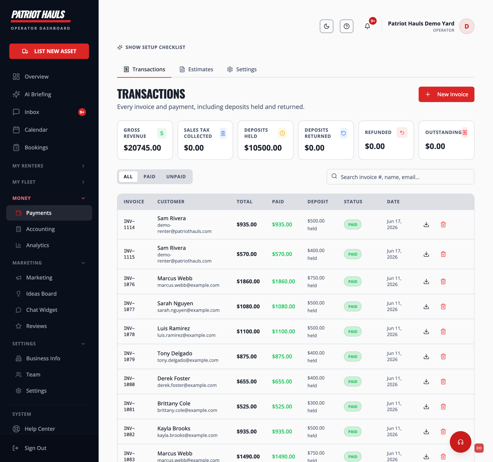 Your transactions list, where each payment and its processing fee are itemized