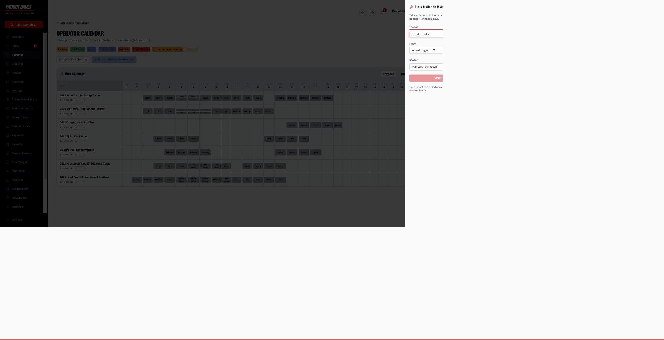 The Put a Trailer on Maintenance panel with trailer, From/Through date, and reason fields
