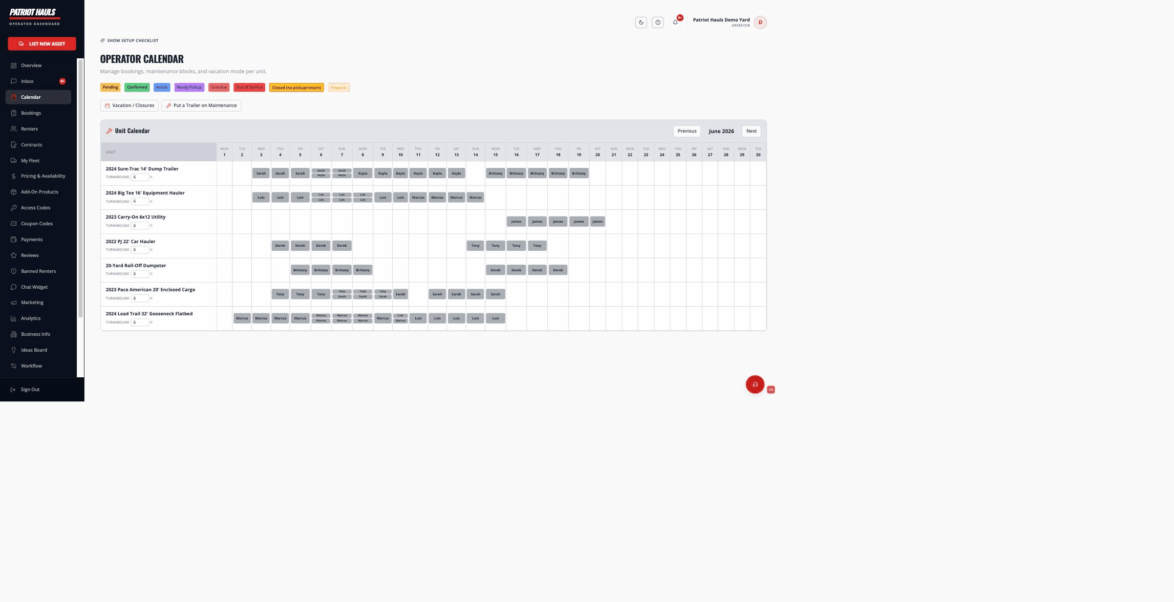 The Operator Calendar — a per-unit month grid with color-coded bookings and a status legend