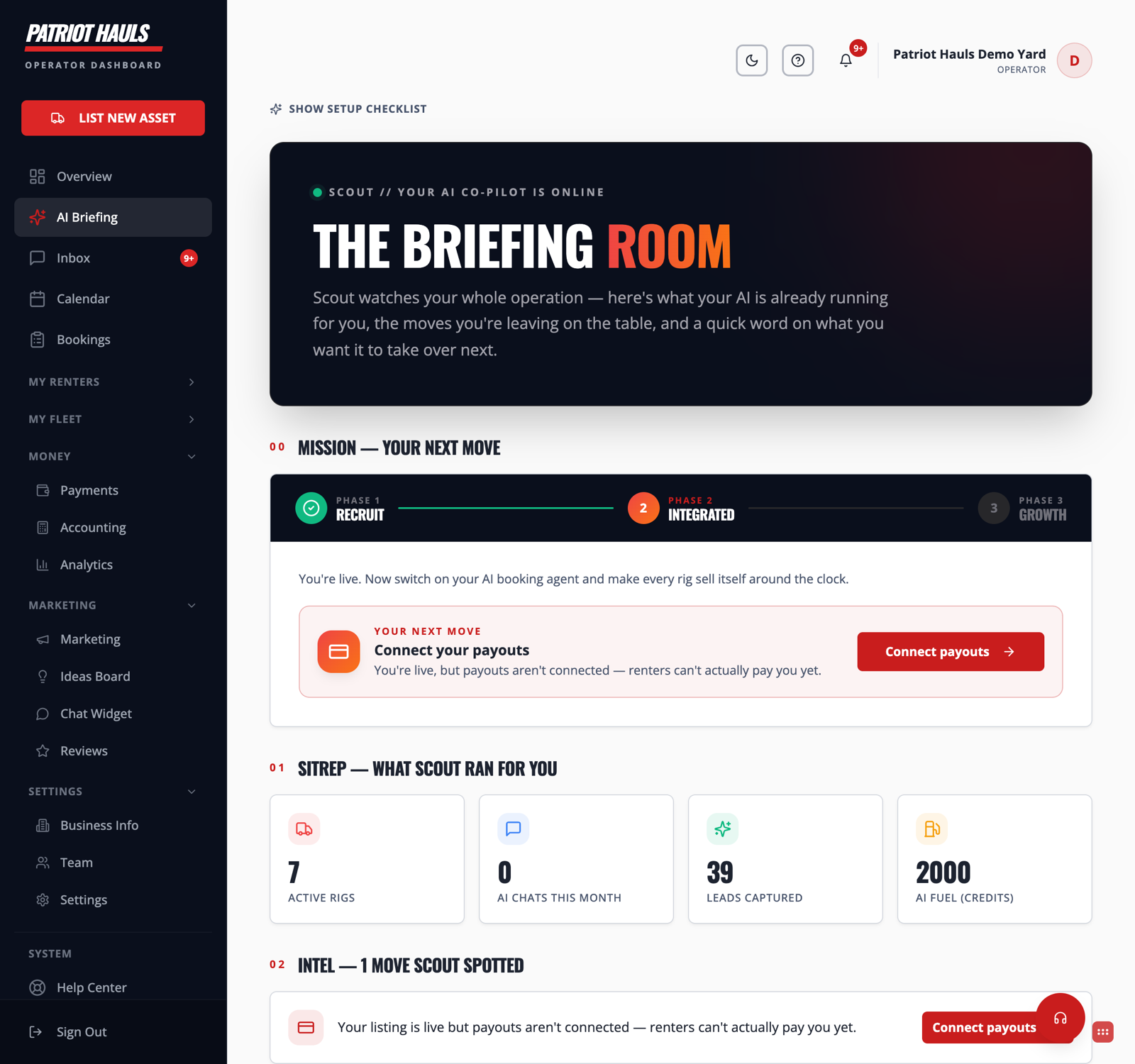 The Briefing Room showing your mission, next move, and a SITREP of key stats