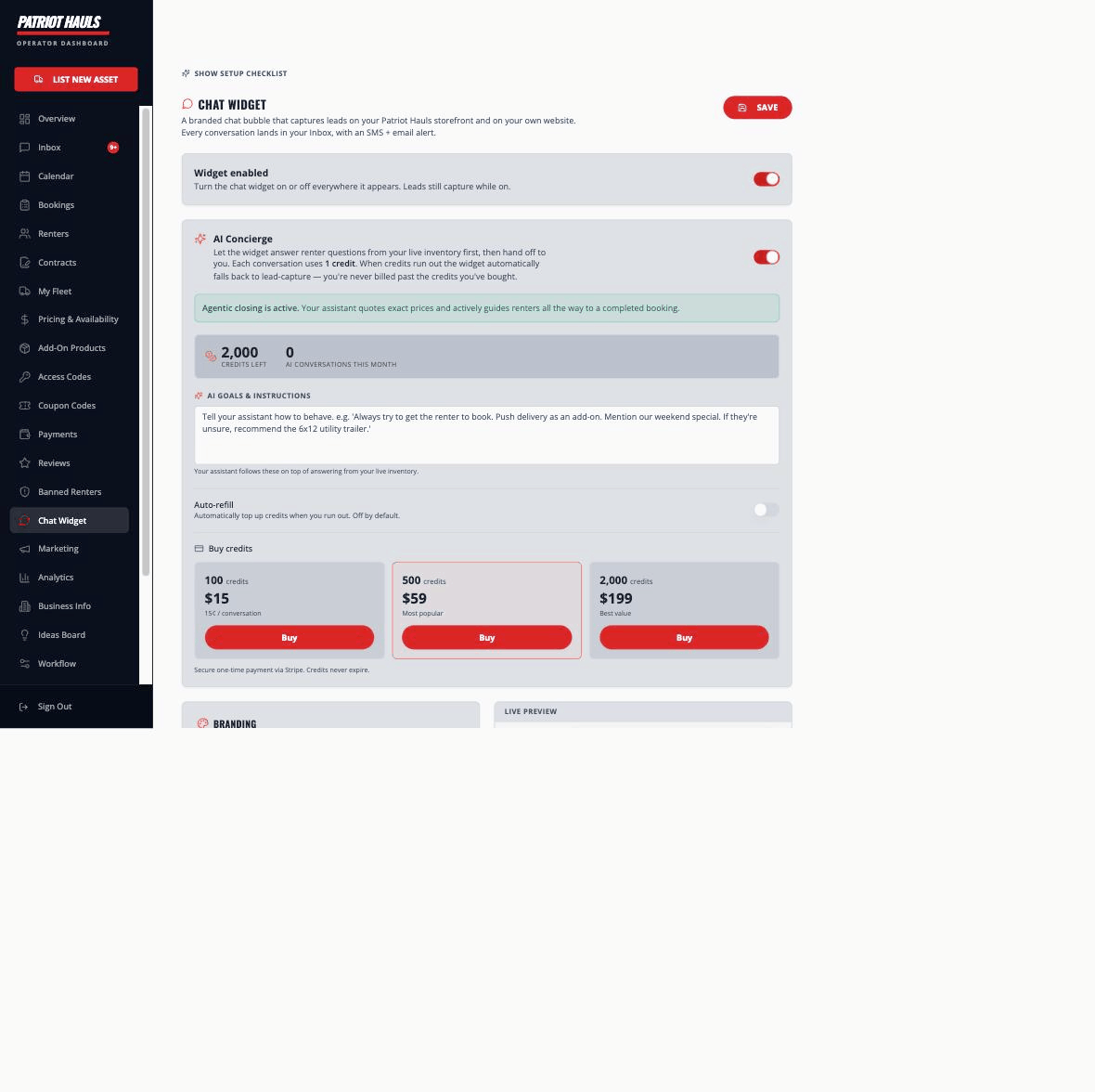 The Chat Widget settings page with the Widget enabled and AI Concierge switches, credit balance, and Buy credits options