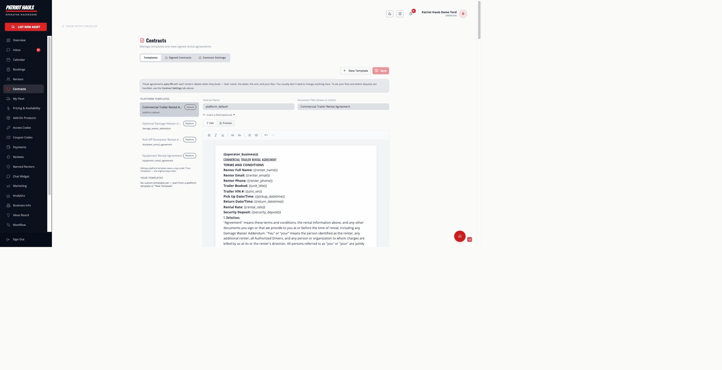 The Contracts templates view with the platform templates list and the agreement editor showing auto-fill fields