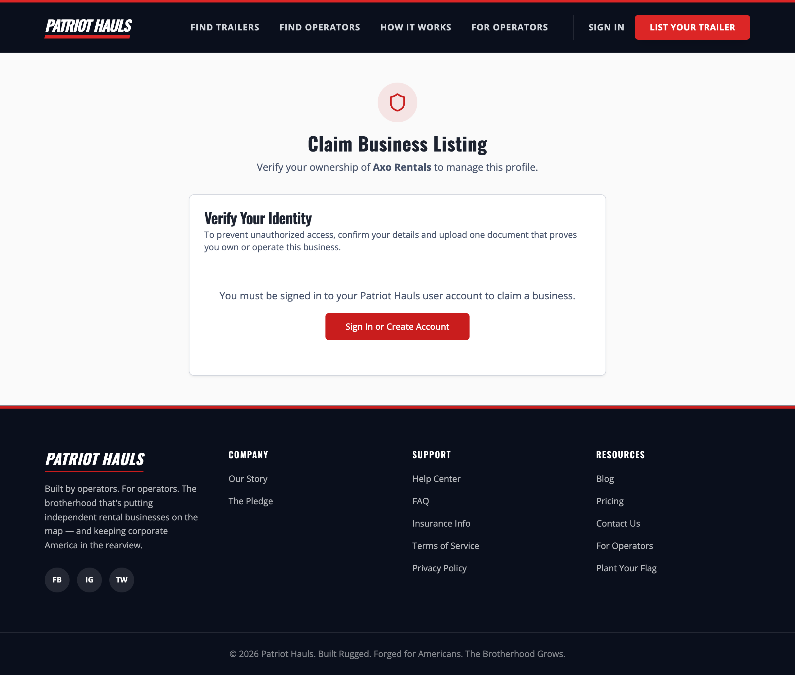 The Claim Business Listing page asking you to verify ownership and sign in to your Patriot Hauls account