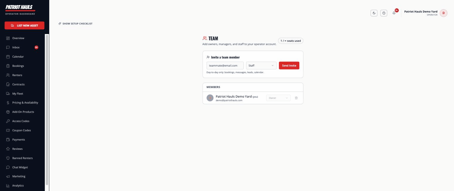 The Team settings page with the Invite a team member box, role picker, and current members list