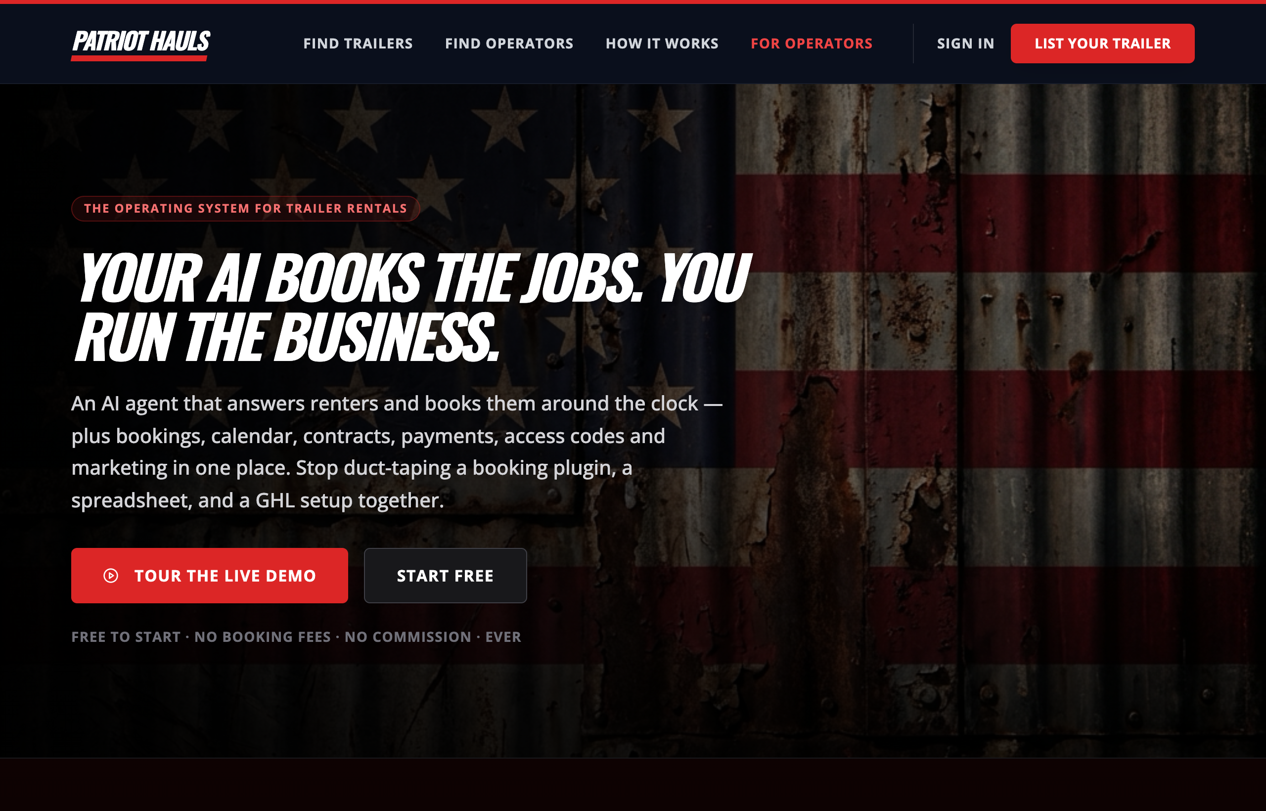 The Patriot Hauls for-operators page — an AI agent that books jobs while you run the business