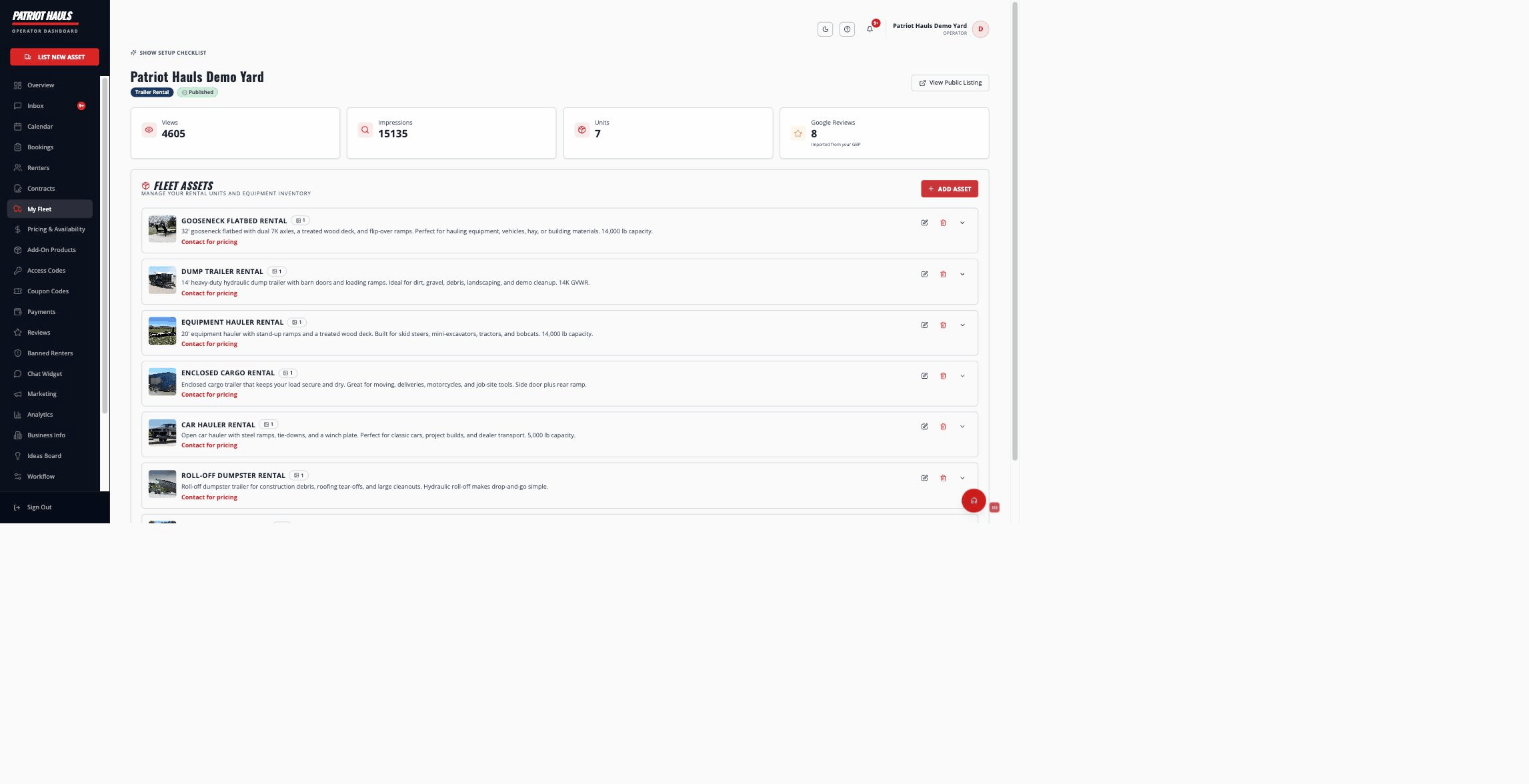 The My Fleet page showing the Fleet Assets list and the Add Asset button
