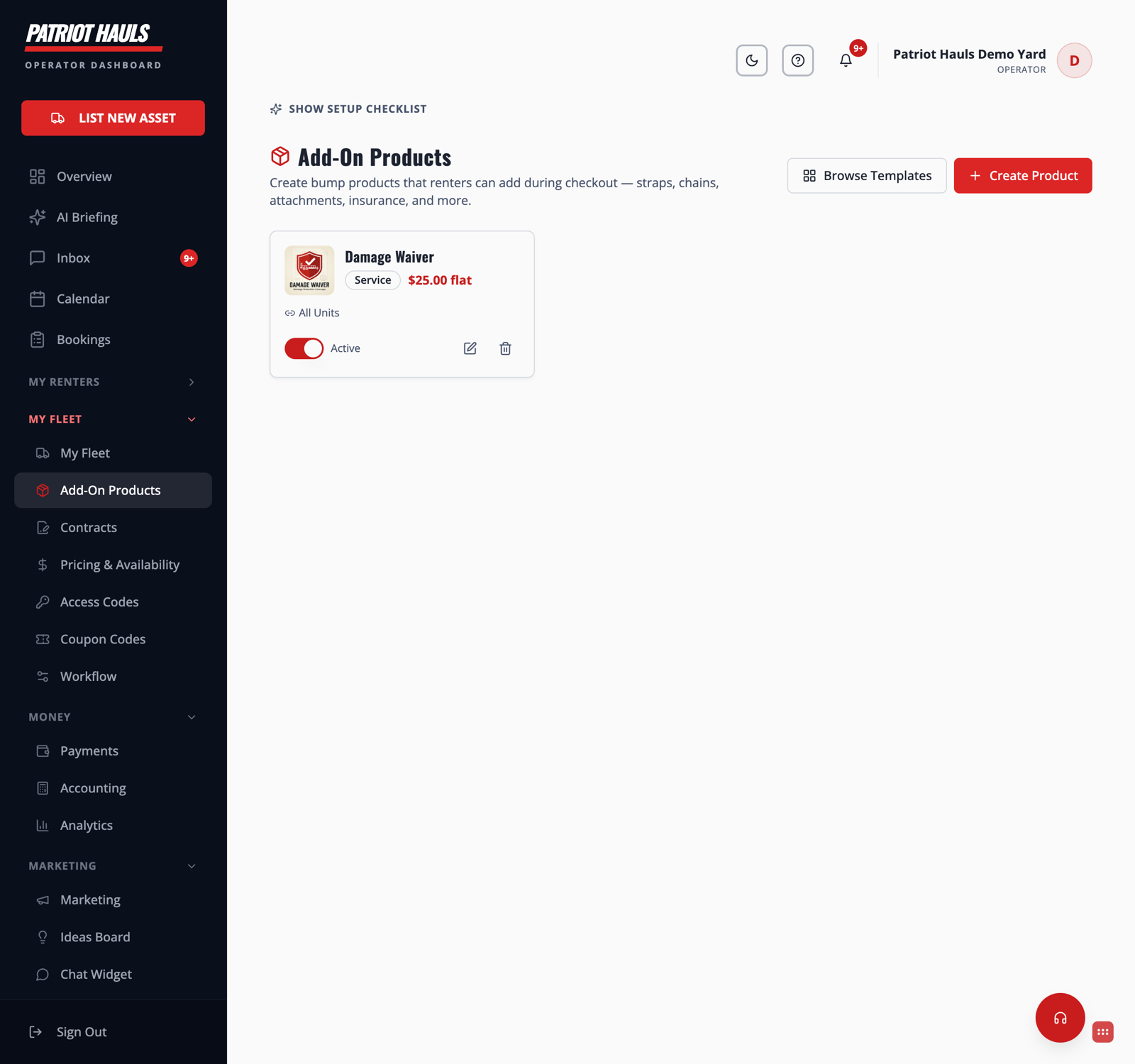 The Add-On Products page with Browse Templates and Create Product, and a Damage Waiver add-on