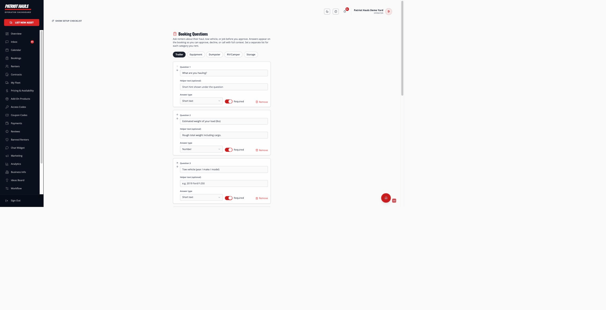 The Booking Questions builder with category tabs and editable question cards with answer types and Required toggles