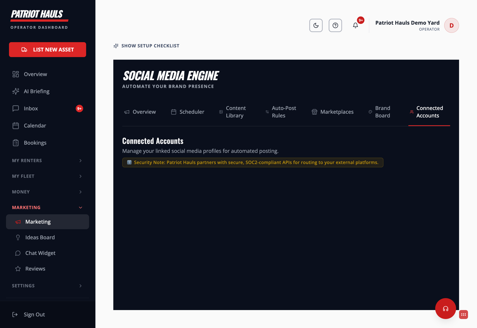 The Connected Accounts tab, where you link your social profiles for automated posting
