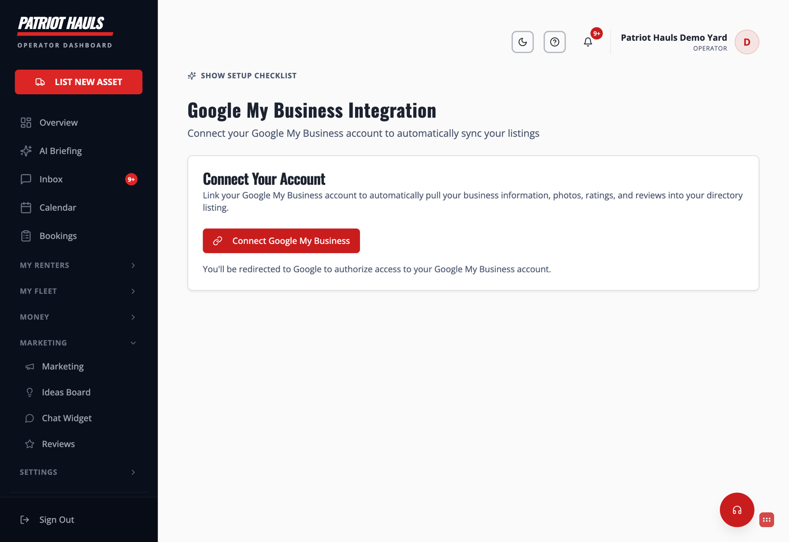 The Google My Business Integration page with the Connect Google My Business button