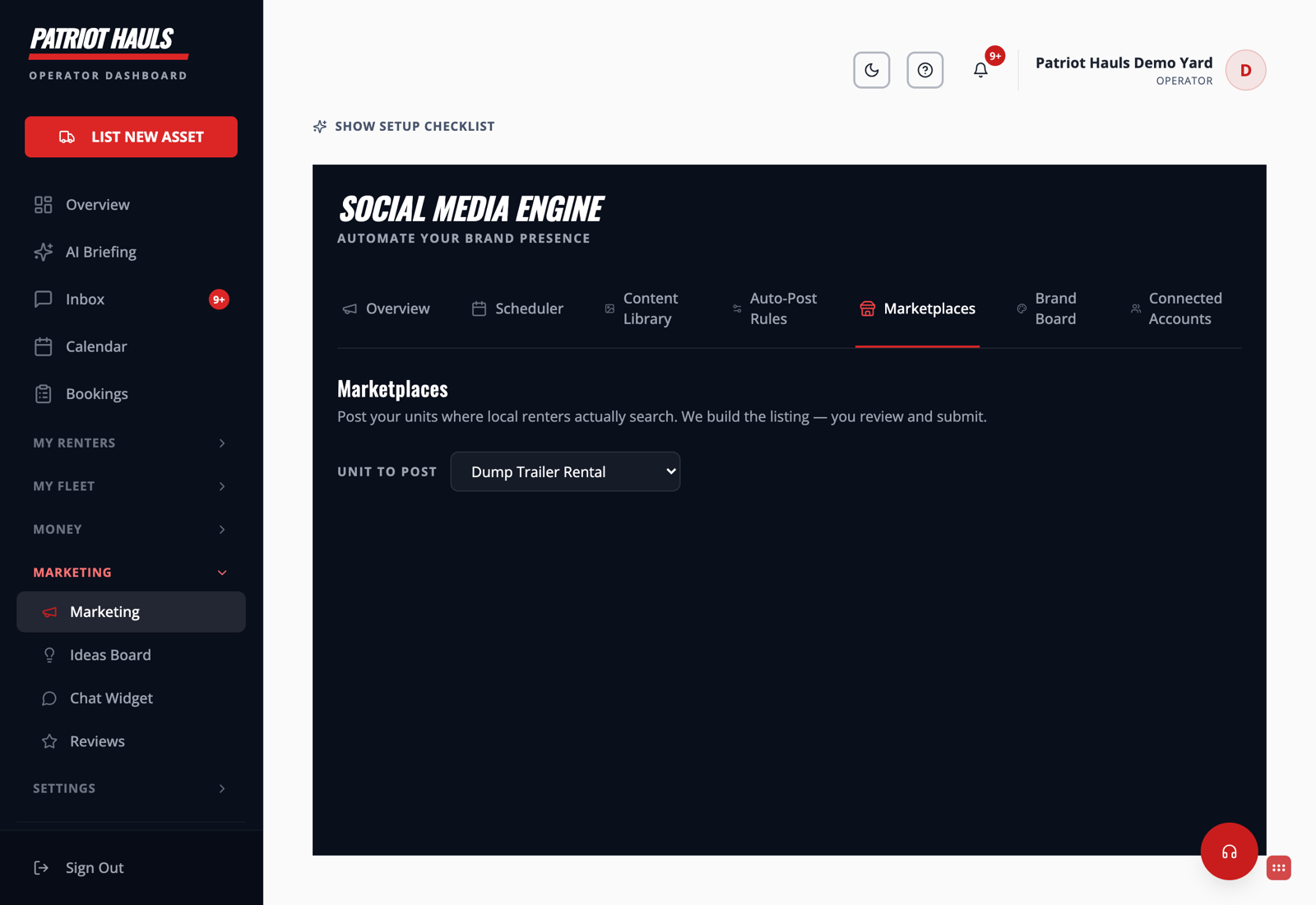 The Marketplaces tab with a Unit to Post dropdown, ready to generate a listing