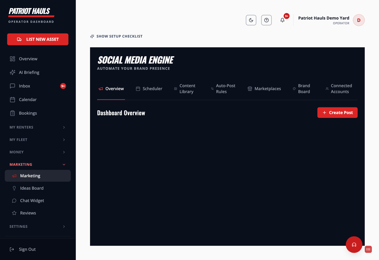 The Social Media Engine hub showing the Overview, Scheduler, Content Library, Auto-Post Rules, Marketplaces, Brand Board, and Connected Accounts tabs