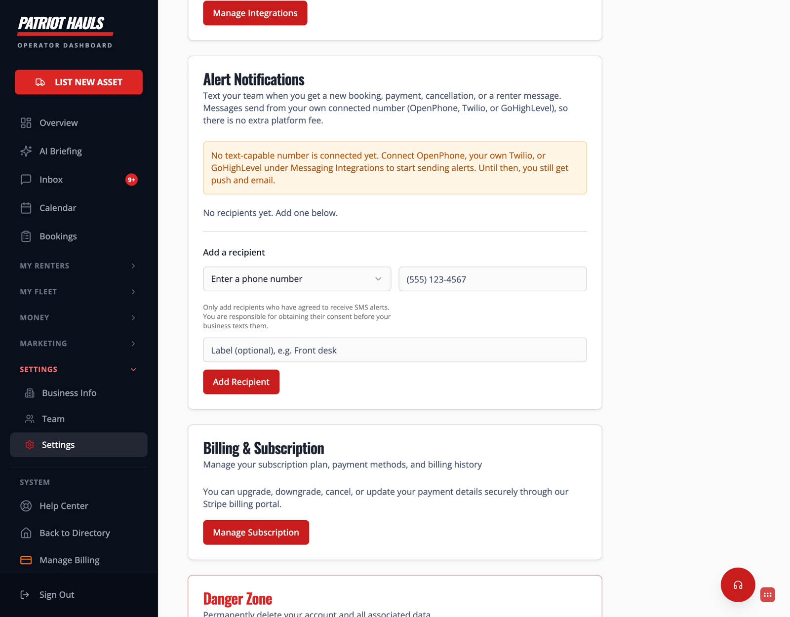 The Alert Notifications settings with a place to add recipients for text alerts