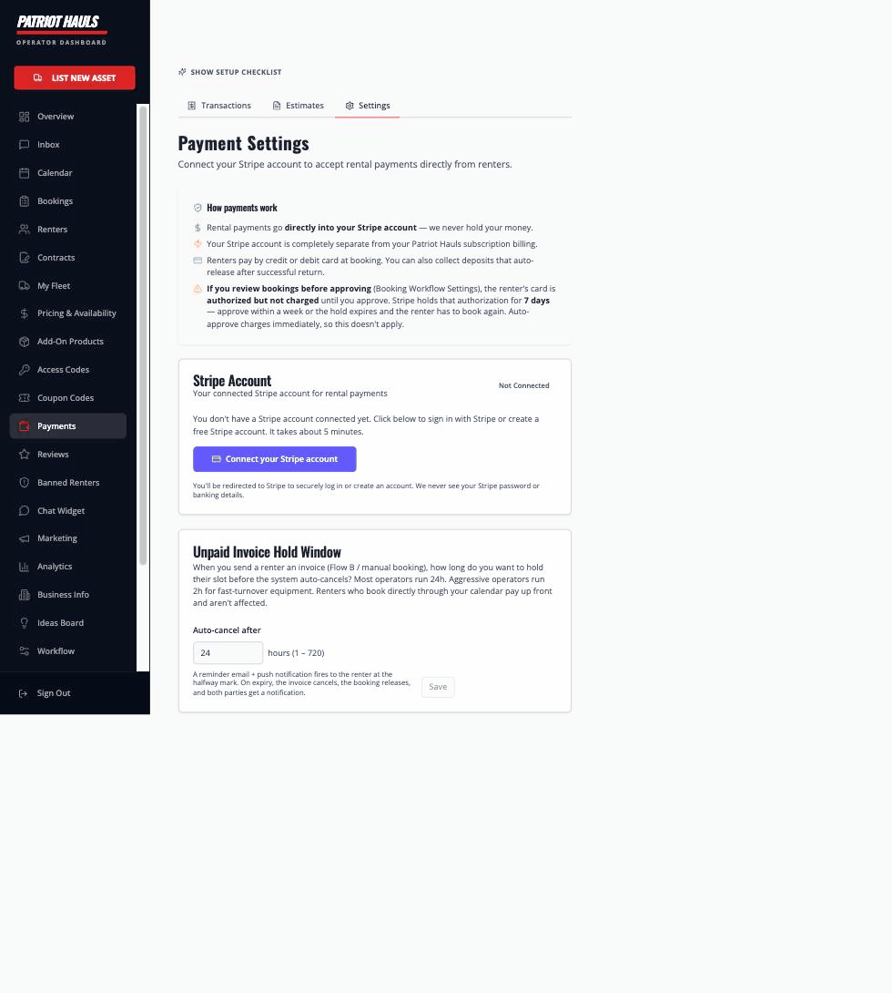 Payment Settings page showing the Stripe Account card marked Not Connected with a Connect your Stripe account button