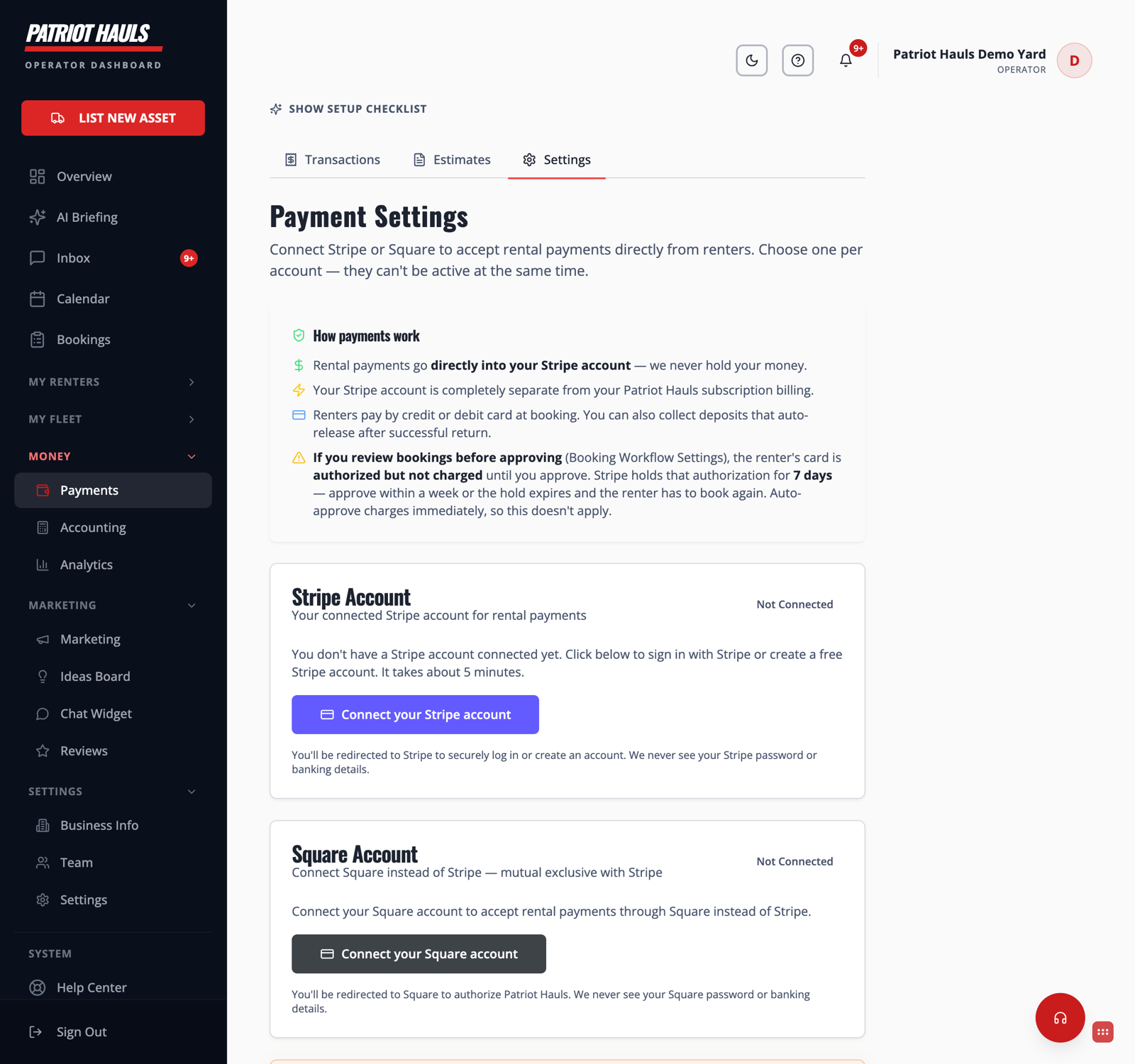 Payment Settings showing the Stripe and Square connection options, one active at a time