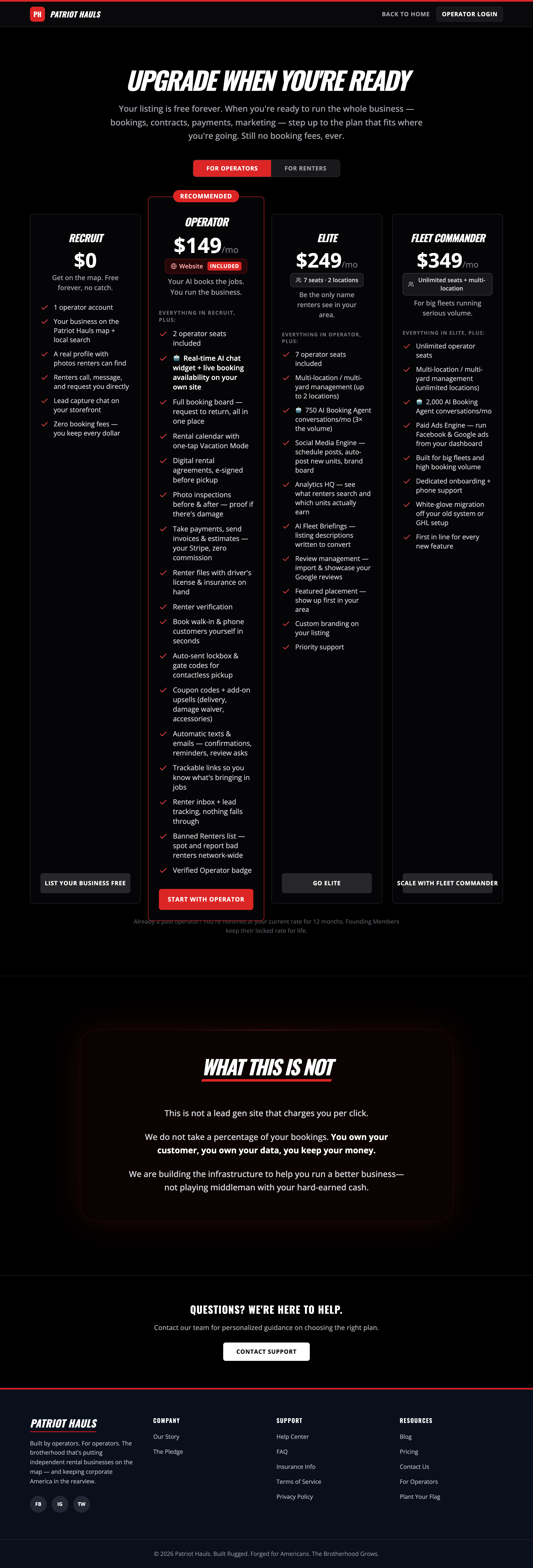 The Patriot Hauls pricing page showing the Recruit, Operator, Elite, and Fleet Commander tiers side by side