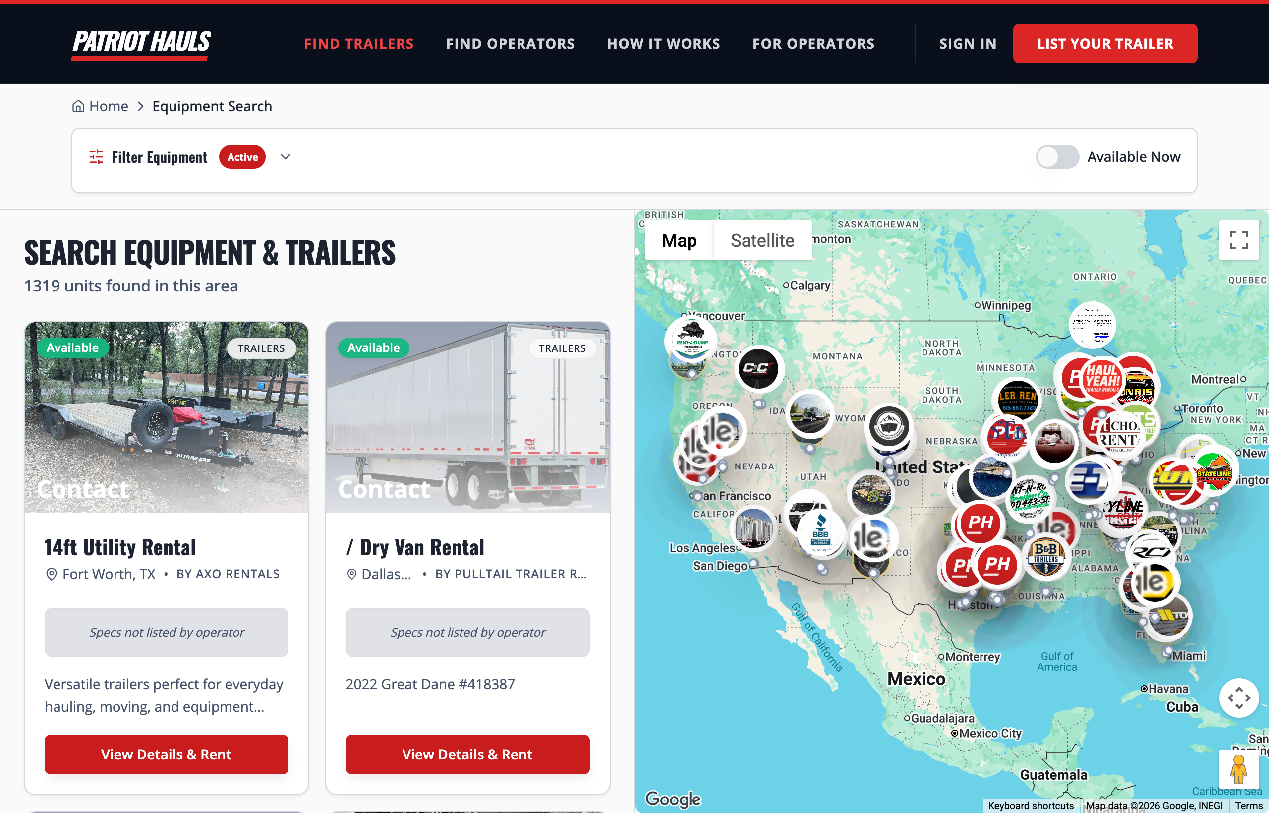 The Patriot Hauls trailers page showing equipment result cards alongside a map of nearby operators