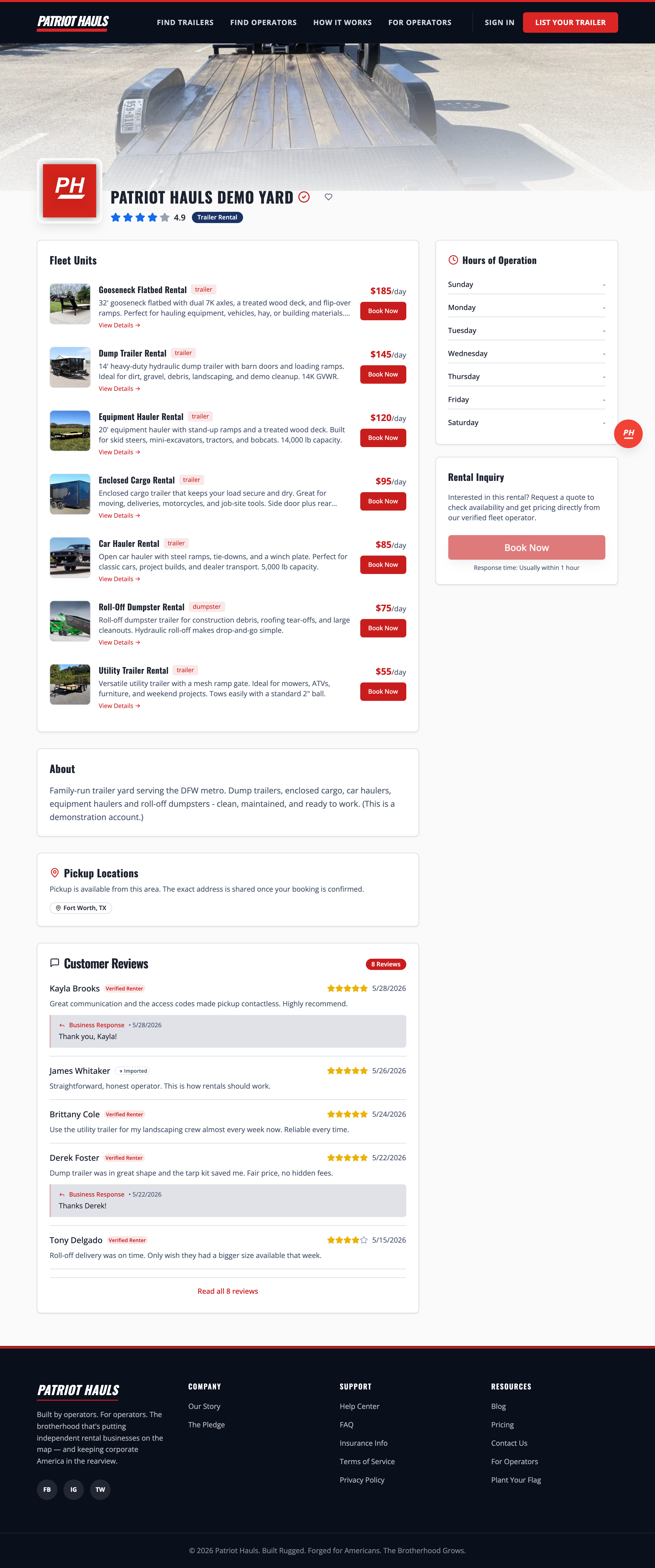 An operator storefront on Patriot Hauls listing their fleet, hours, pickup location, and customer reviews