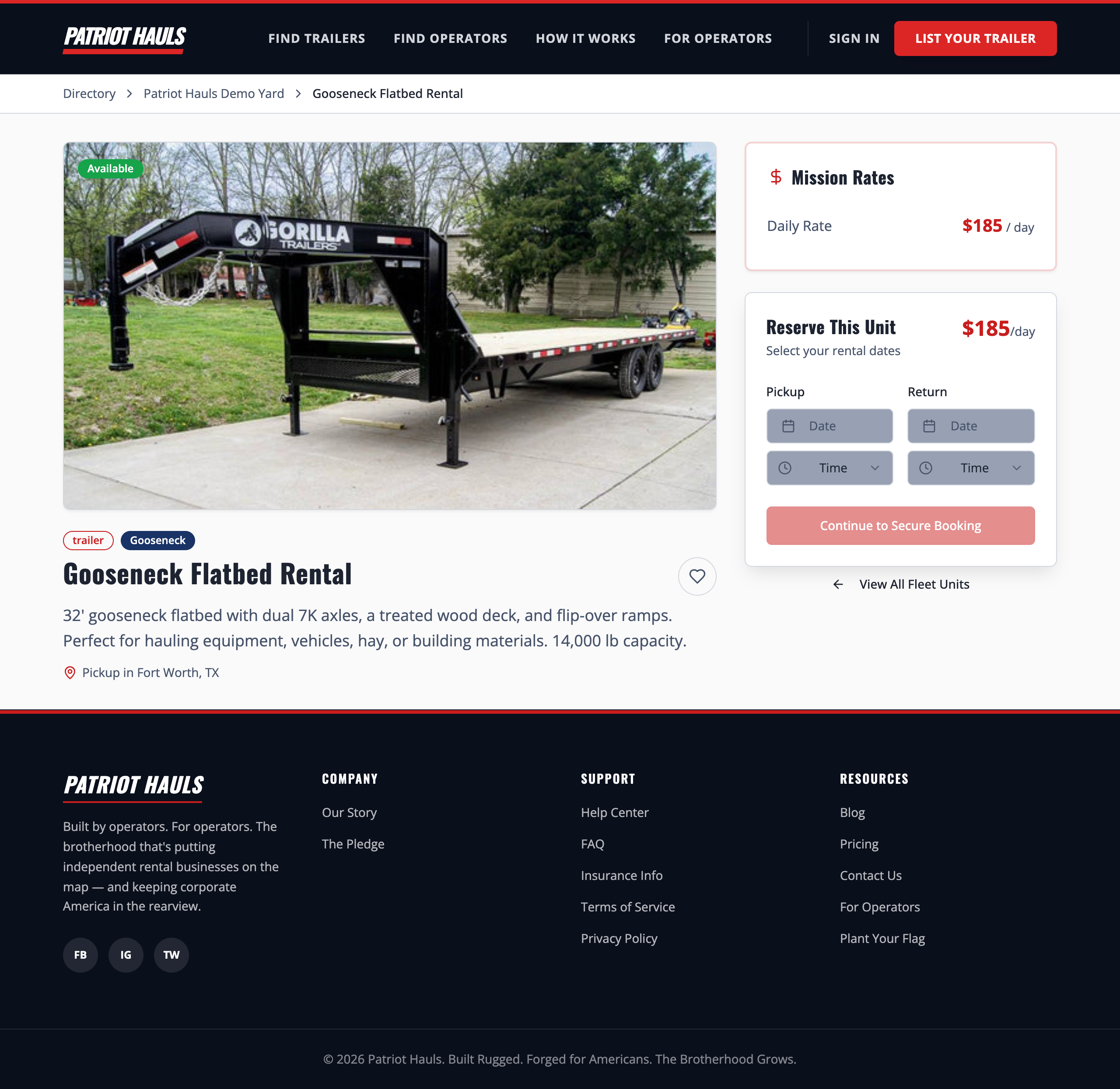 A trailer detail page showing photos, specifications, the daily rate, and the Reserve This Unit booking panel