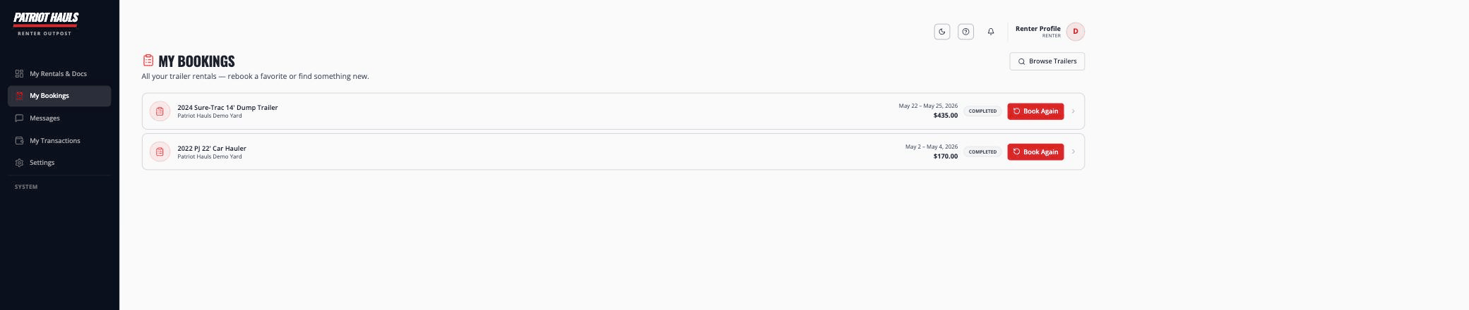 My Bookings showing past rentals with their dates, totals, status, and a Book Again button