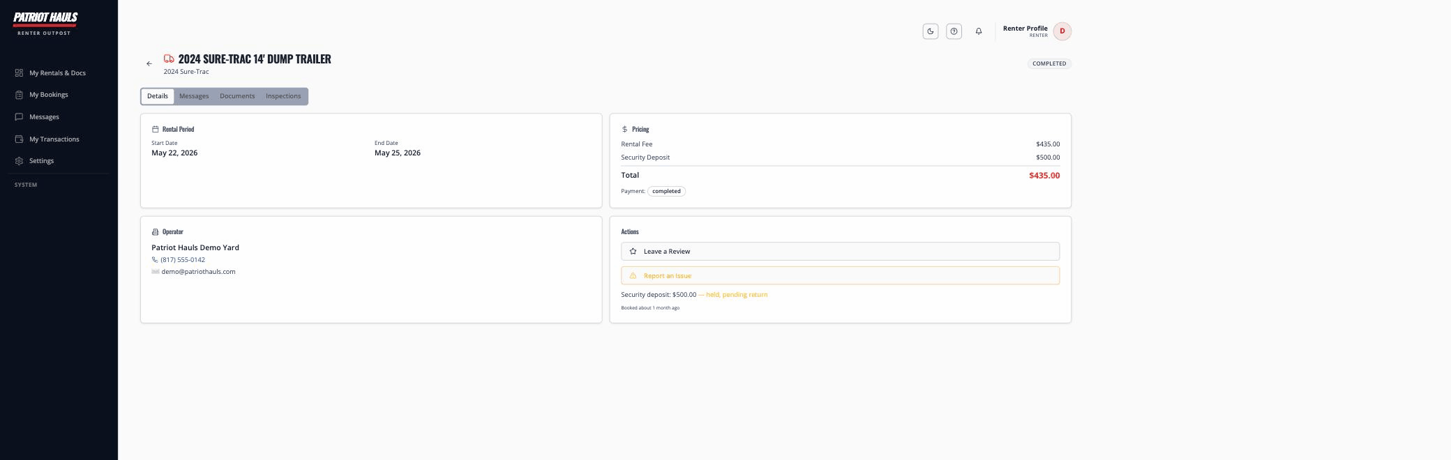 A renter booking detail with rental period, pricing, security deposit status, and Details/Documents tabs