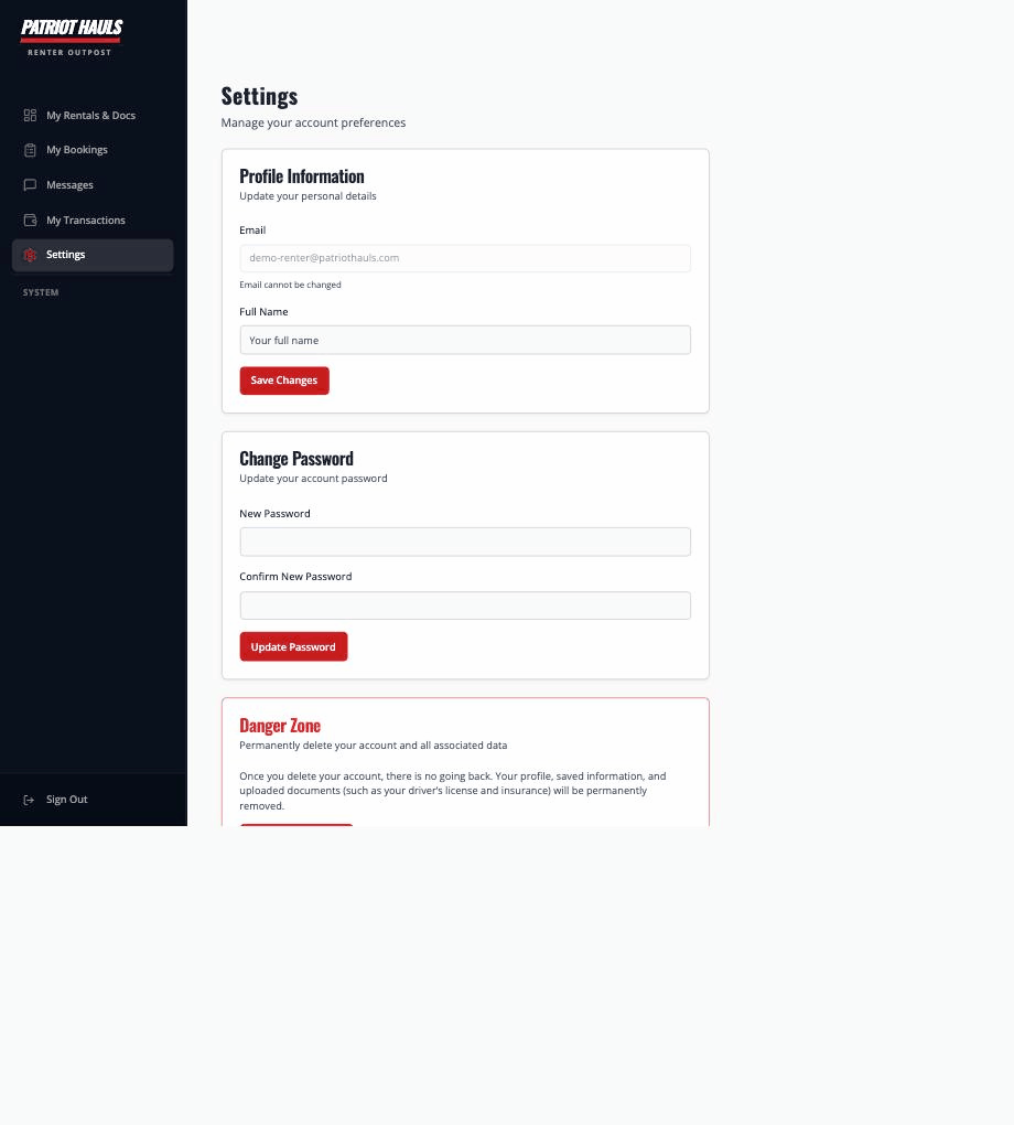 The renter Settings page with profile information, password change, and the Danger Zone delete-account section