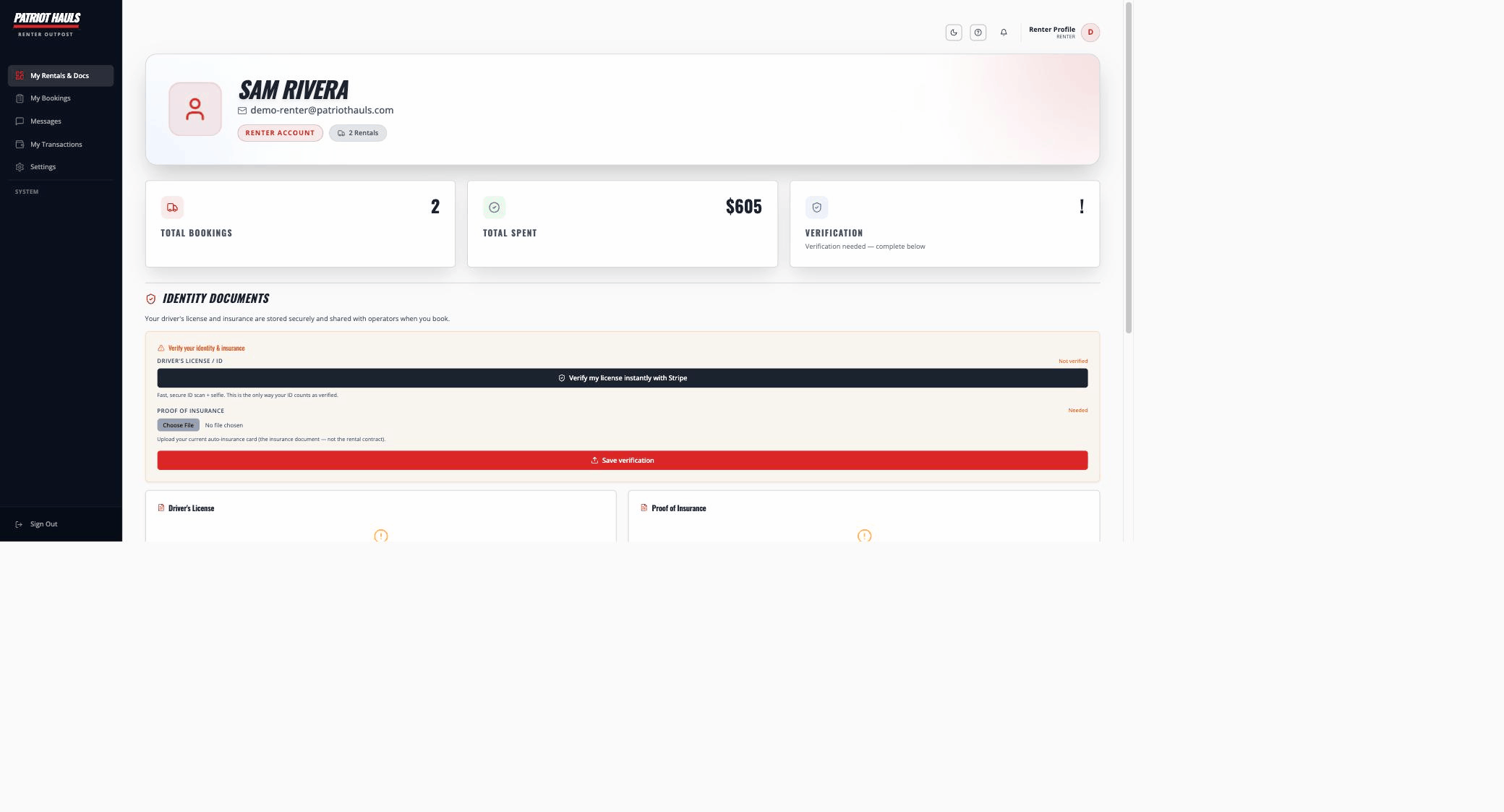The renter Identity Documents screen with Verify my license instantly with Stripe and a proof-of-insurance upload