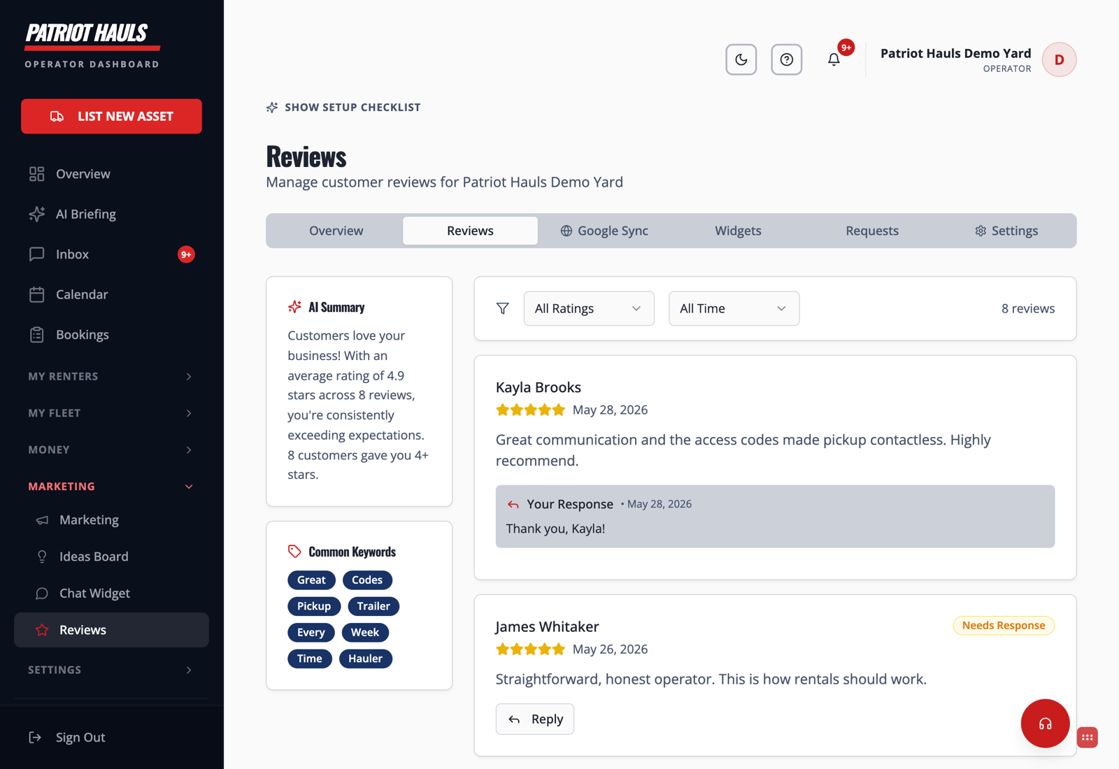 The Reviews list with an AI summary, common keywords, and per-review reply actions