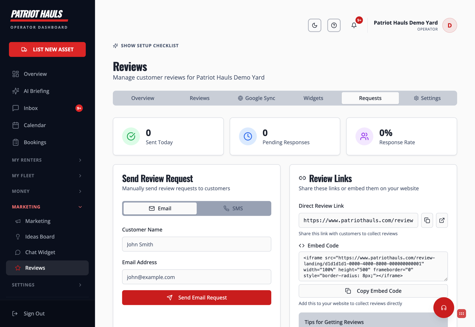The Requests tab with a Send Review Request form and shareable review links