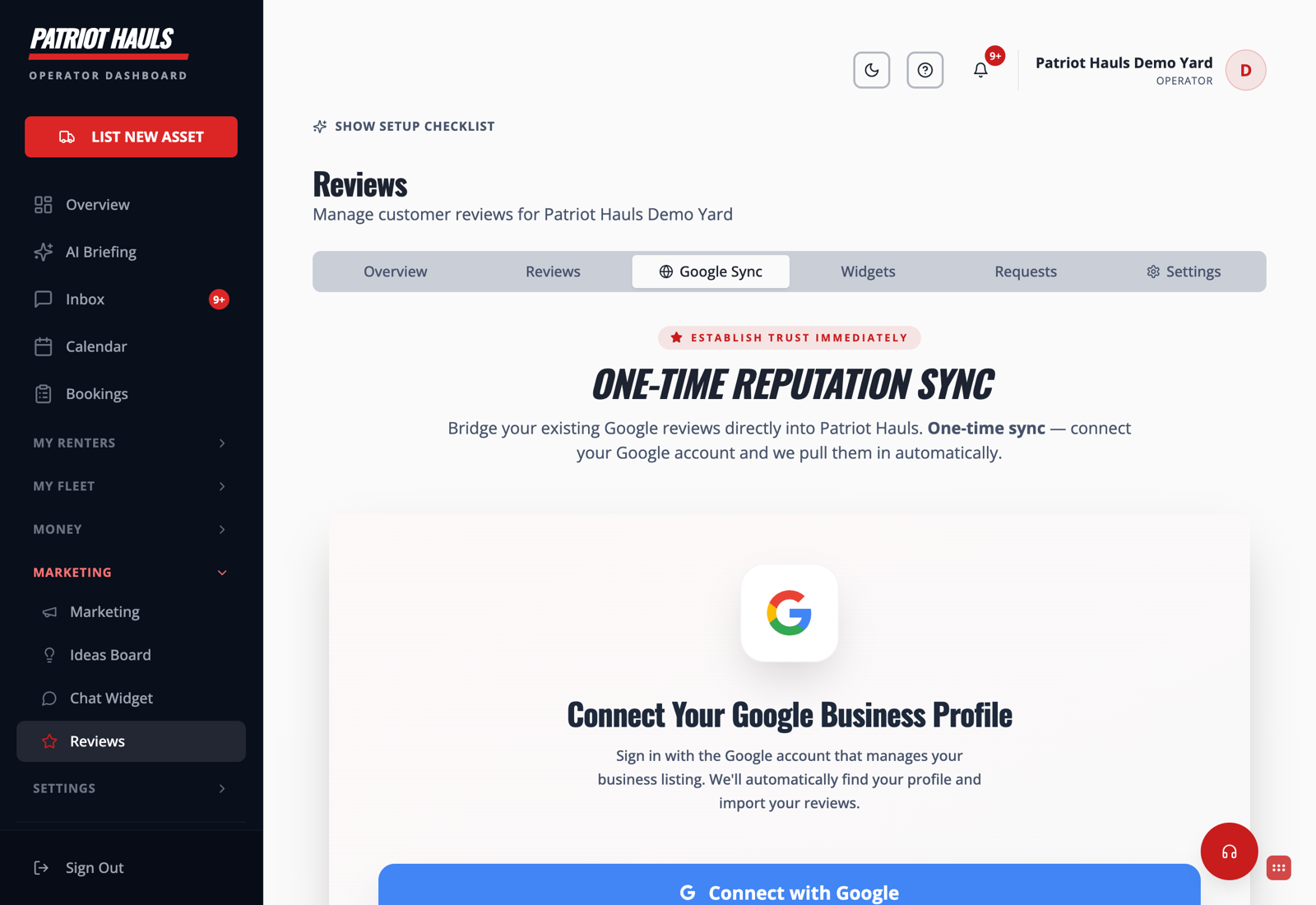 The Google Sync tab offering a one-time reputation sync with a Connect with Google button